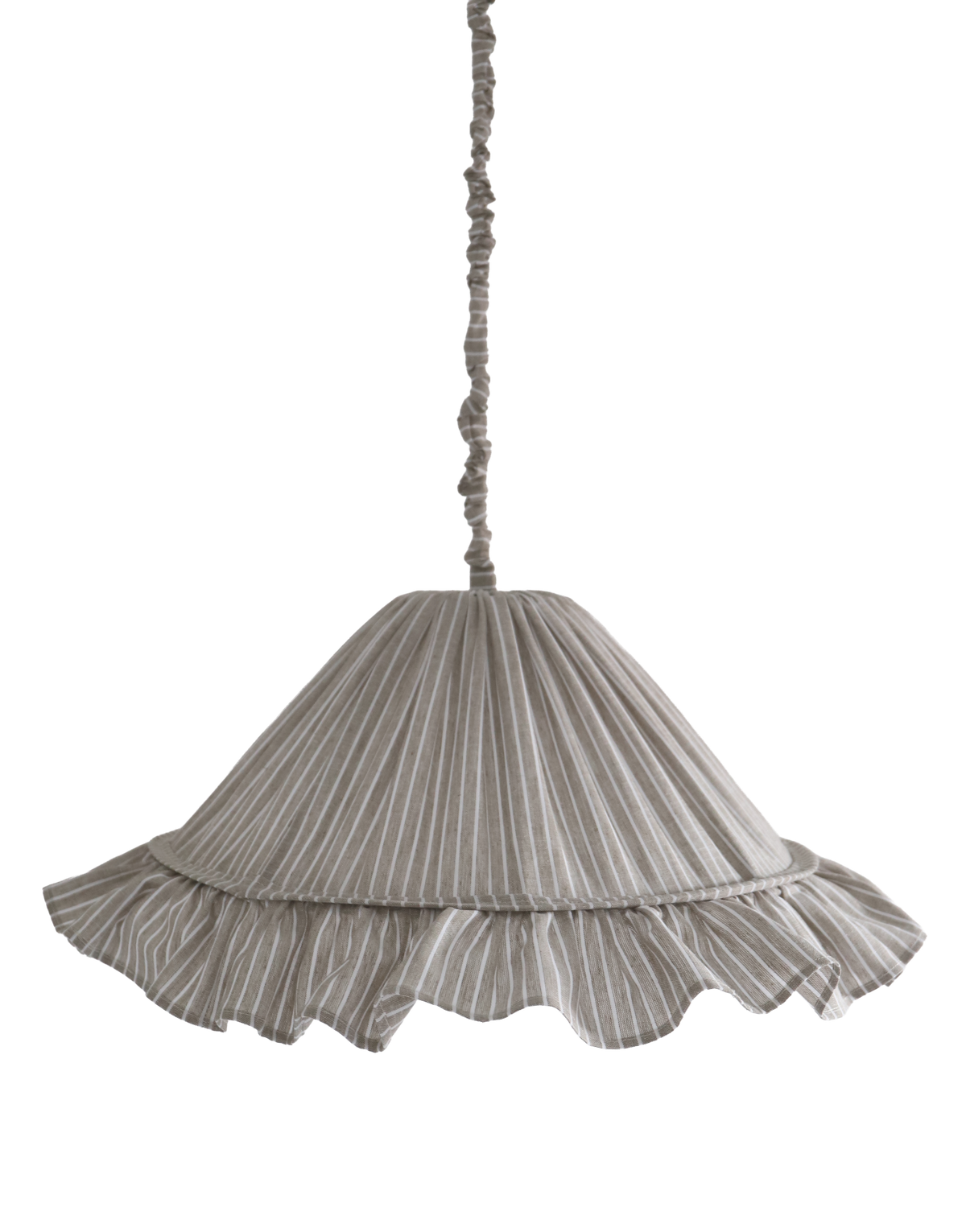 Suspension Emilia en tissu rayé olive et blanc à volant plissé main, fabriquée en France par Hautlalampe