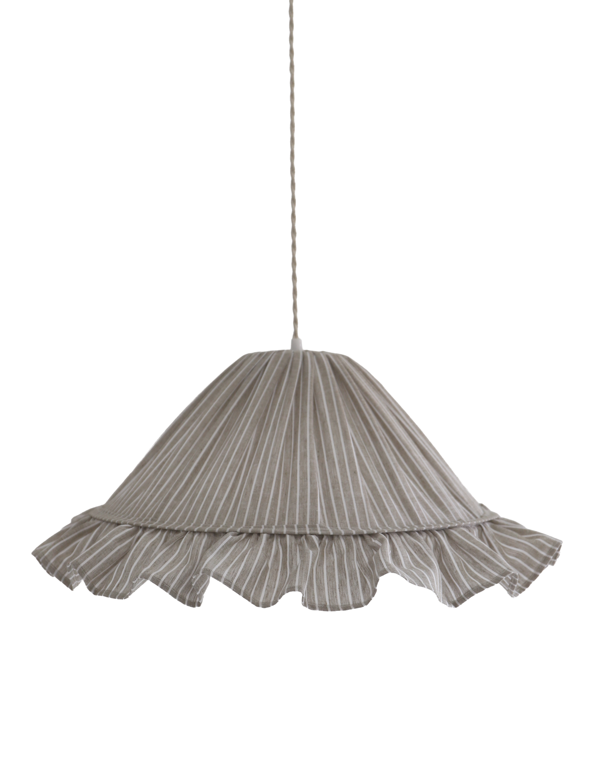 Suspension Emilia en tissu rayé olive et blanc à volant plissé main, fabriquée en France par Hautlalampe