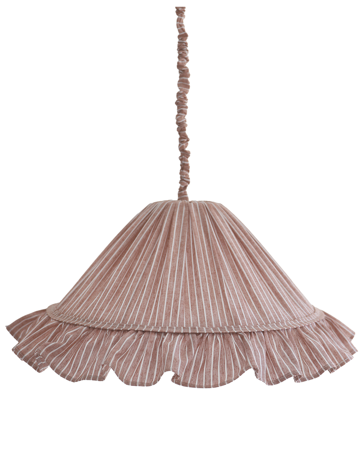 Suspension Emilia en tissu rayé terracotta et blanc à volant plissé main, fabriquée en France par Hautlalampe