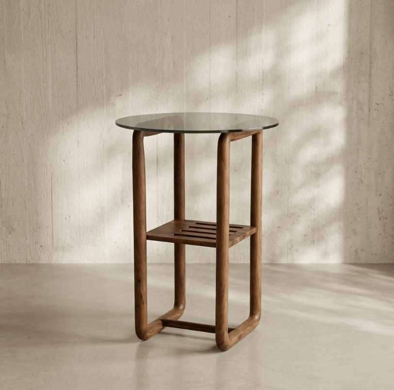 Table d’appoint en bois à plateau rond et étagère basse