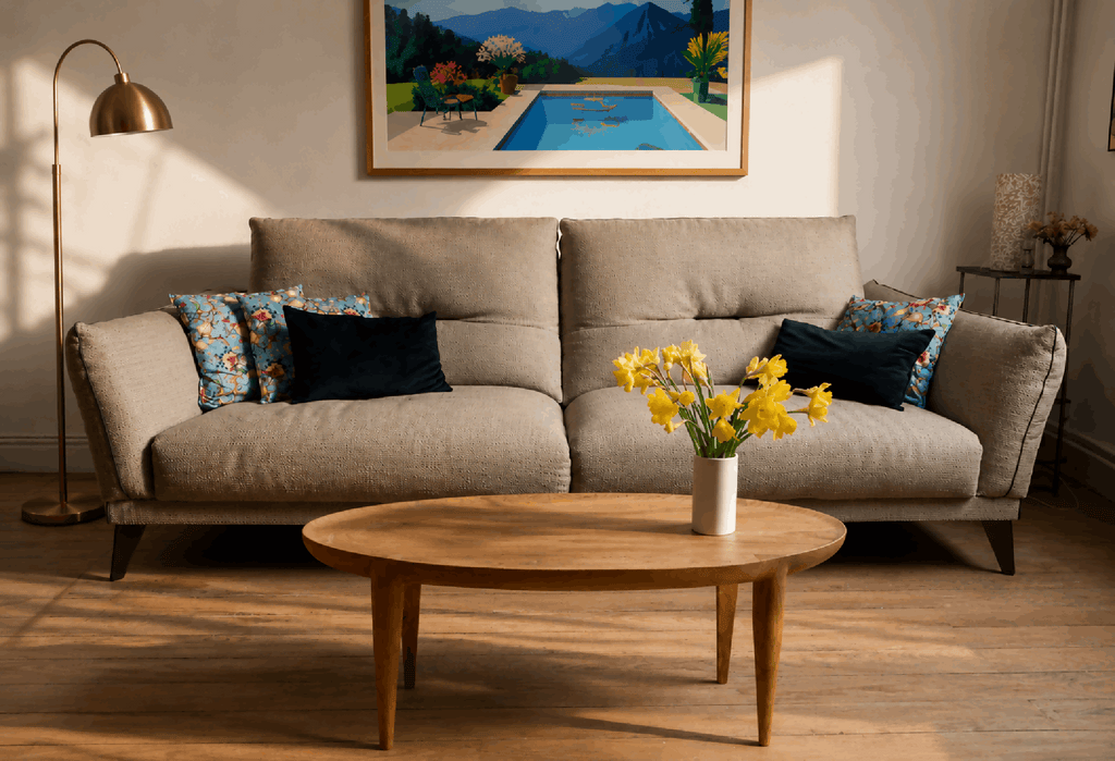 Table basse ronde en bois clair, pieds fins, plateau avec veines apparentes.