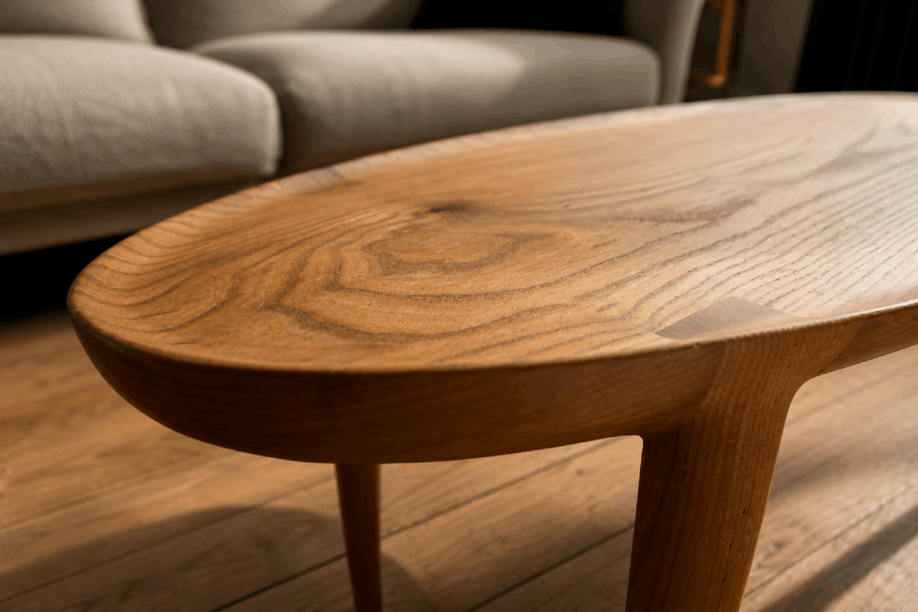 Dessus de table basse en bois clair, forme arrondie et veinage visible.