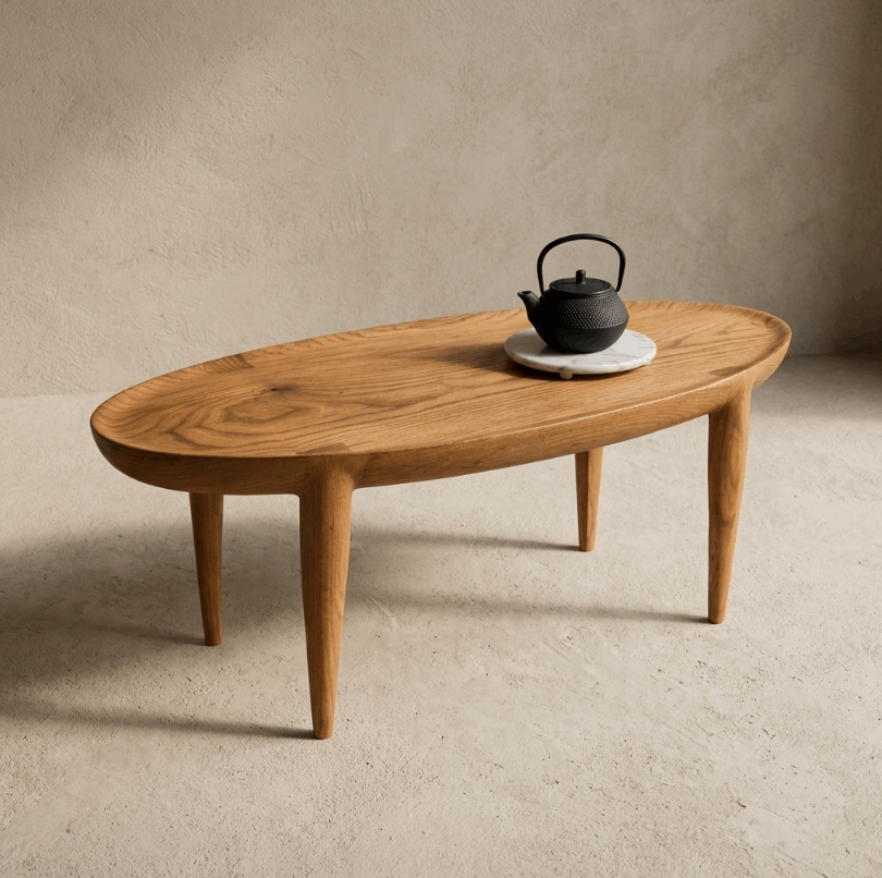 Table basse en bois au plateau ovale, pieds galbés, avec bouilloire sur un dessous de tasse.
