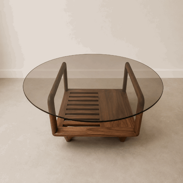 Table basse Darwin ovale : plateau en verre et piètement en bois sculpté