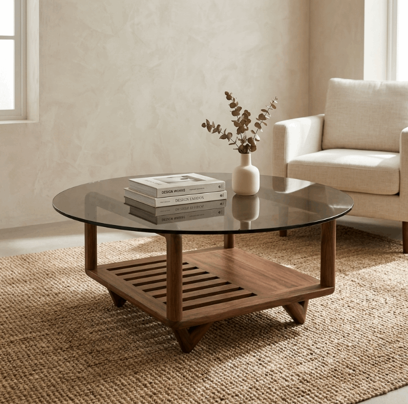 Table basse Darwin plateau en verre fumé, base en bois avec étagère à lattes