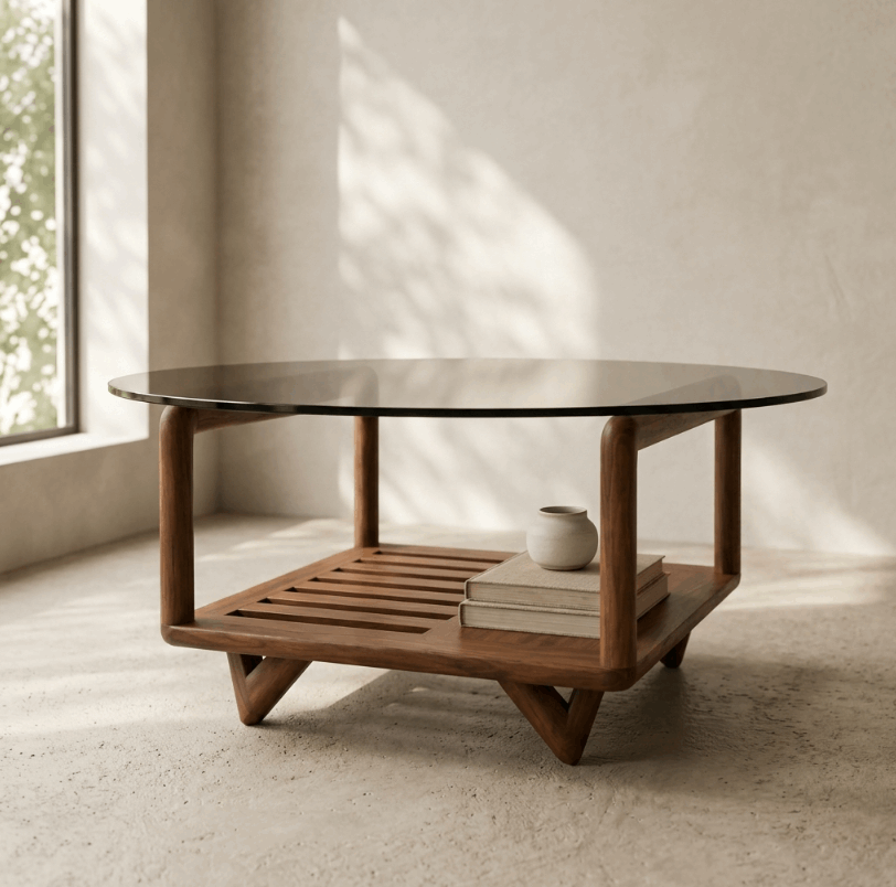 Table basse Darwin avec plateau en verre fumé et étagère en lattes bois