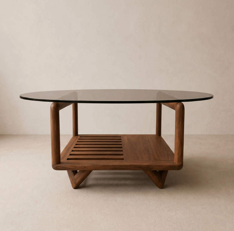 Table basse Darwin plateau en verre fumé, étagère en lattes bois et pieds biseautés