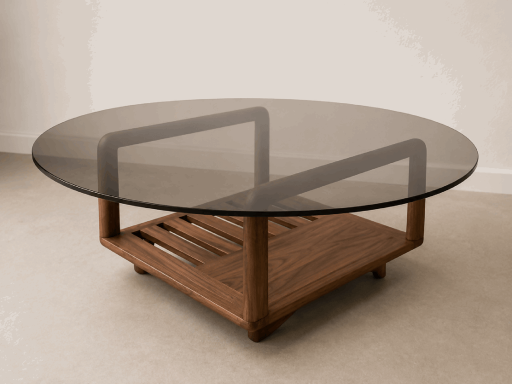 Table basse Darwin ovale vue en biais : plateau en verre et structure bois ajourée