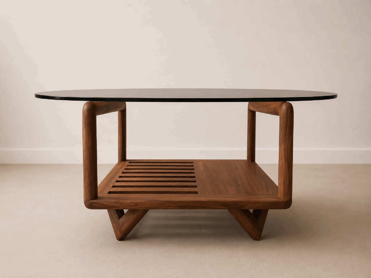 Table basse Darwin vue de côté : plateau rond en verre et piètement en bois
