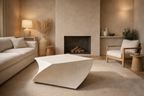 Table basse blanche au volume courbe et plateau plat, vue d’ensemble.