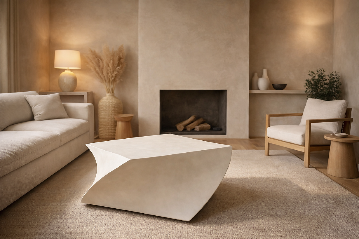 Table basse blanche au volume courbe et plateau plat, vue d’ensemble.