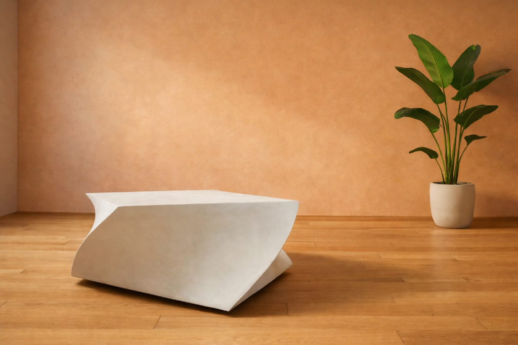 Table basse blanche aux volumes arrondis, plateau incliné, vue en perspective.