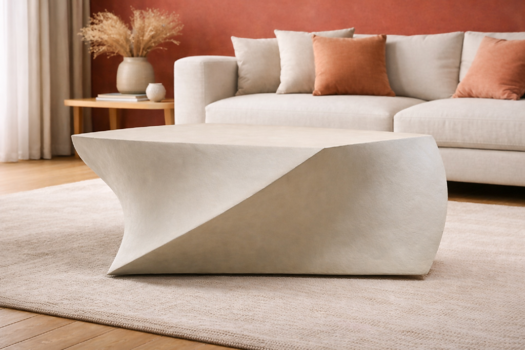 Table basse blanche sculpturale avec plateau triangulaire, base incurvée, au sol.