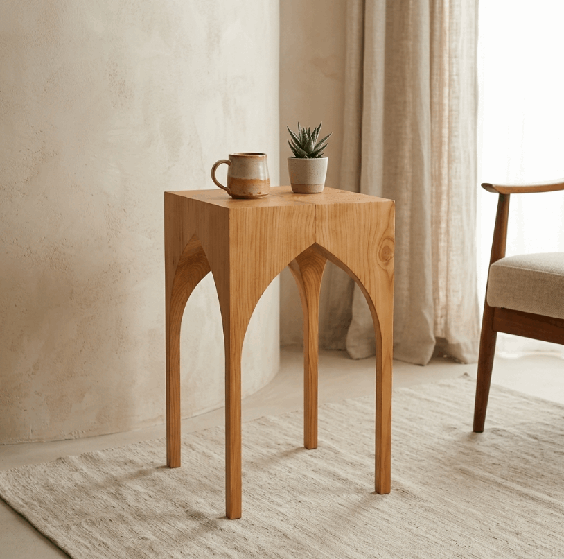 Table d’appoint St. André en bois clair, plateau carré, pieds ajourés en arcs.