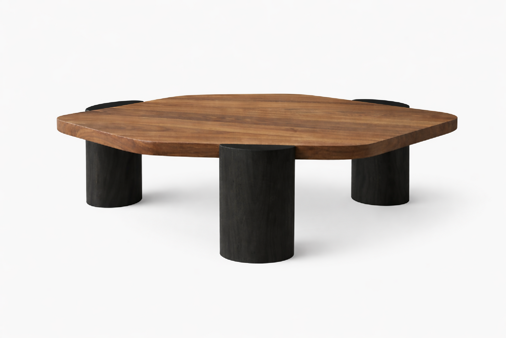 Table en noyer avec plateau rond carré et piétement cylindrique sombre.