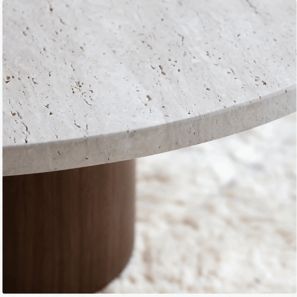 Table en travertin et pied en bois de hêtre