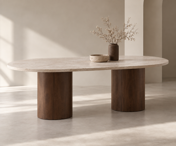 Table en travertin et pieds en bois de hêtre