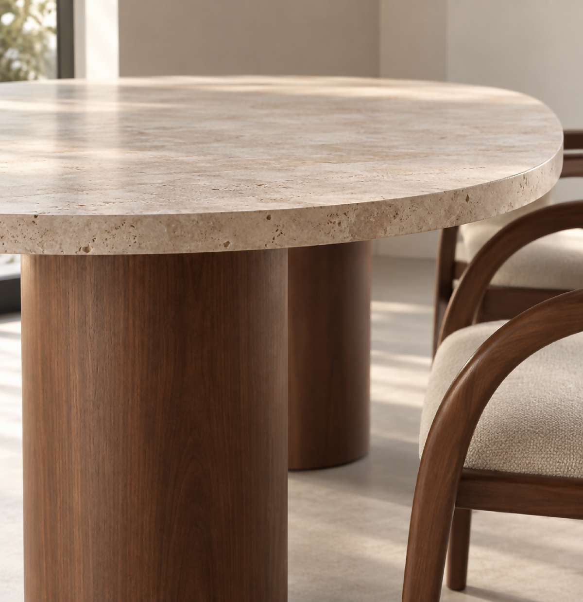 Table en travertin et pieds en bois de hêtre