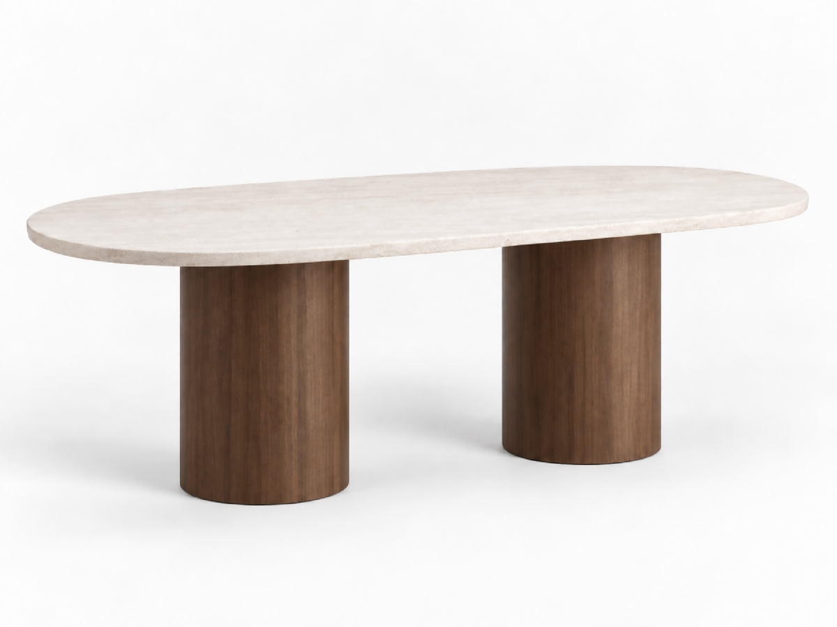 Table en travertin et pieds en bois de hêtre