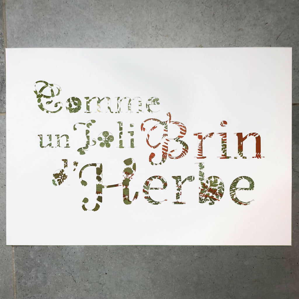 Tableau A3 sans cadre, composition de lettres en plantes séchées vertes et brunes