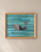 "Guardian of the Depths" painting, Tangram series, with Light Blue and Anthracite Grey shaded straw marquetry