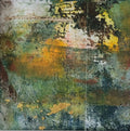 Tableau abstrait aux textures, aplats vert, jaune et bleu.