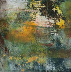 Tableau abstrait aux textures, aplats vert, jaune et bleu.