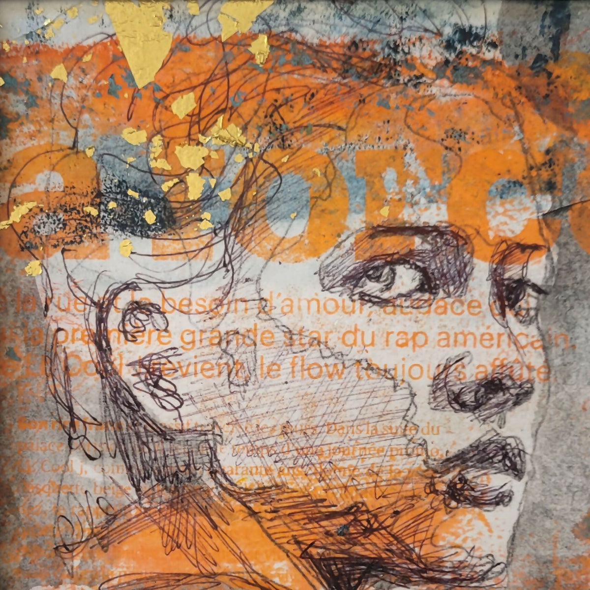 Tableau « la force » : gros plan visage abstrait orange, traits noirs et textes superposés.