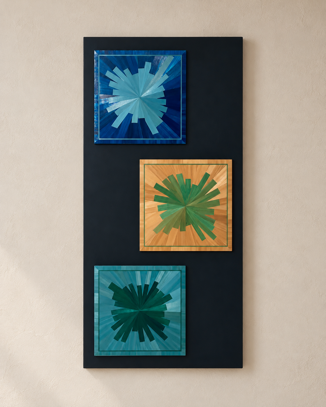 Trilogie de lumière, tableau en marqueterie de paille de l'Atelier France-Pascale