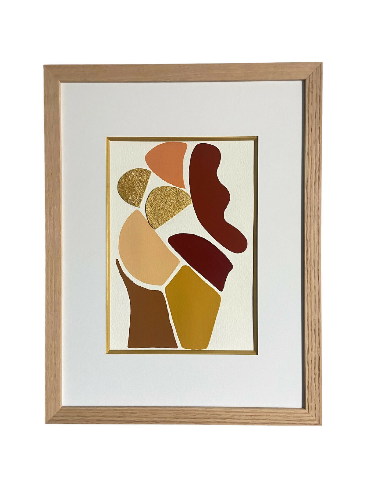 Tableau encadré, illustration abstraite de silhouettes aux formes courbes ocre et brun.
