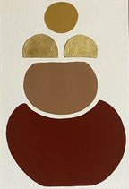 Détail de tableau: silhouette abstraite dorée et rouge, formes géométriques