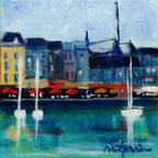Tableau original du port de Honfleur, voiliers, reflets sur l’eau, touches orange.