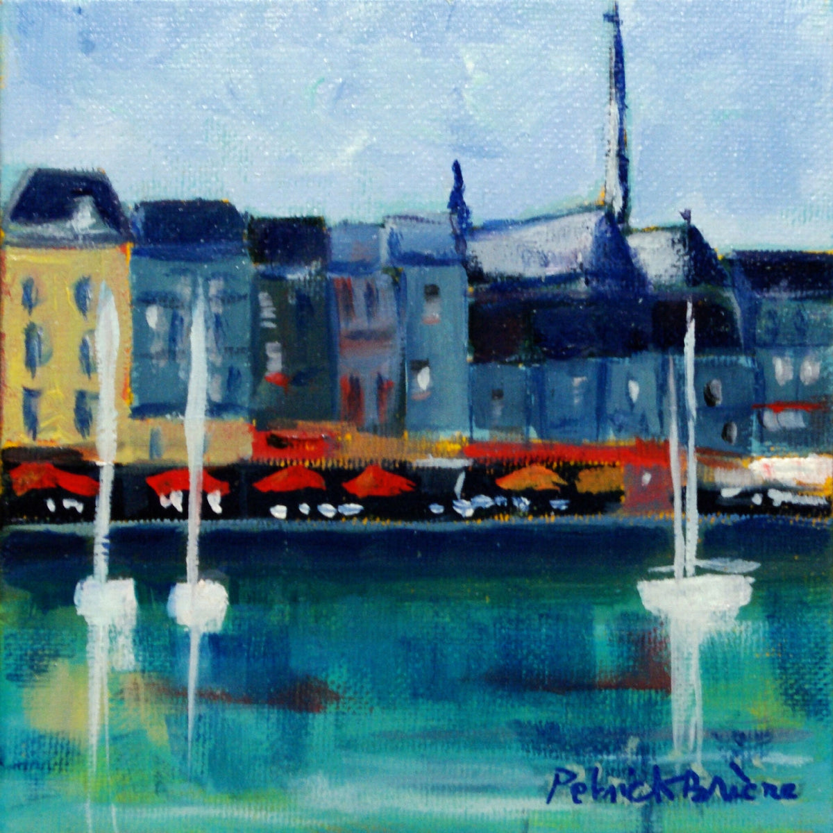 Tableau original du port de Honfleur, voiliers, reflets sur l’eau, touches orange.