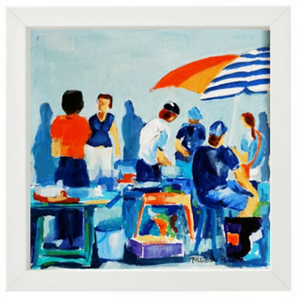 Tableau original encadré : marché du port, groupe de personnes, tenues bleues et orange