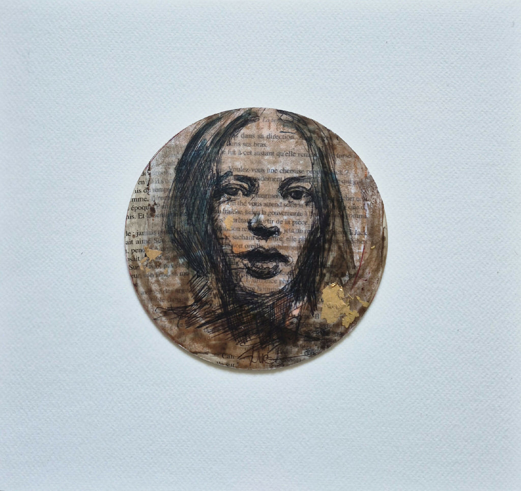 Tableau original : portrait de femme en cercle, encre noire sur fond beige
