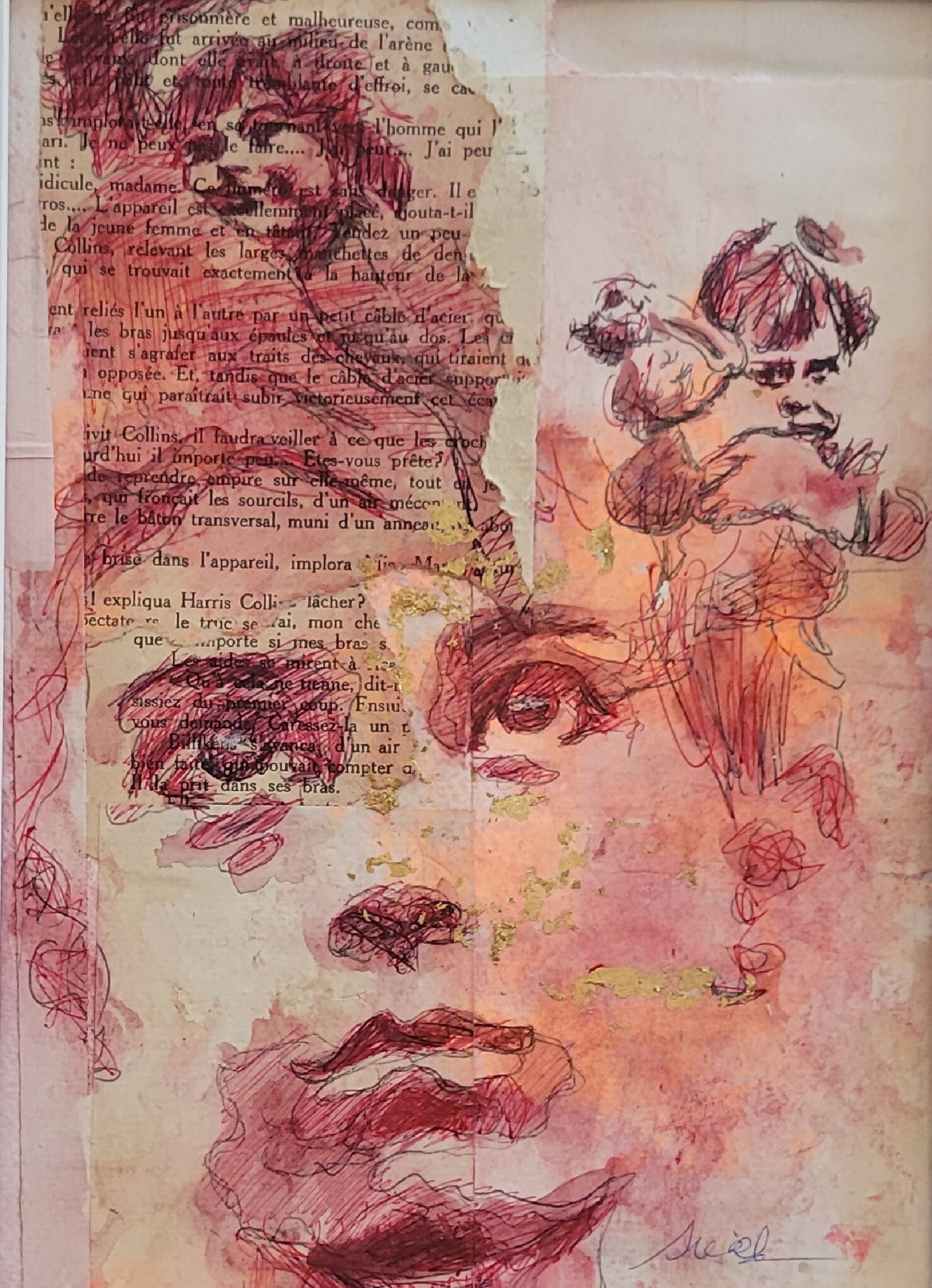 Tableau encadré, gros plan : portrait en tons rouges avec texte et traits dessinés.