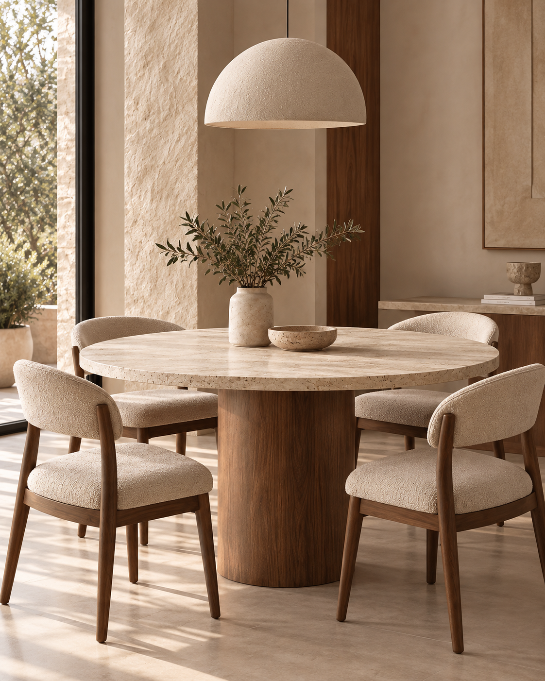 Table en travertin et pied en bois de hêtre