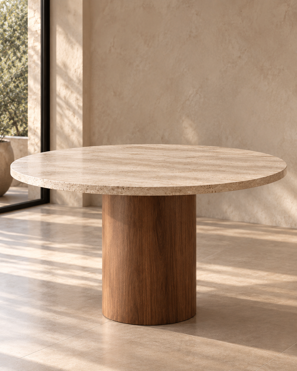 Table en travertin et pied en bois de hêtre