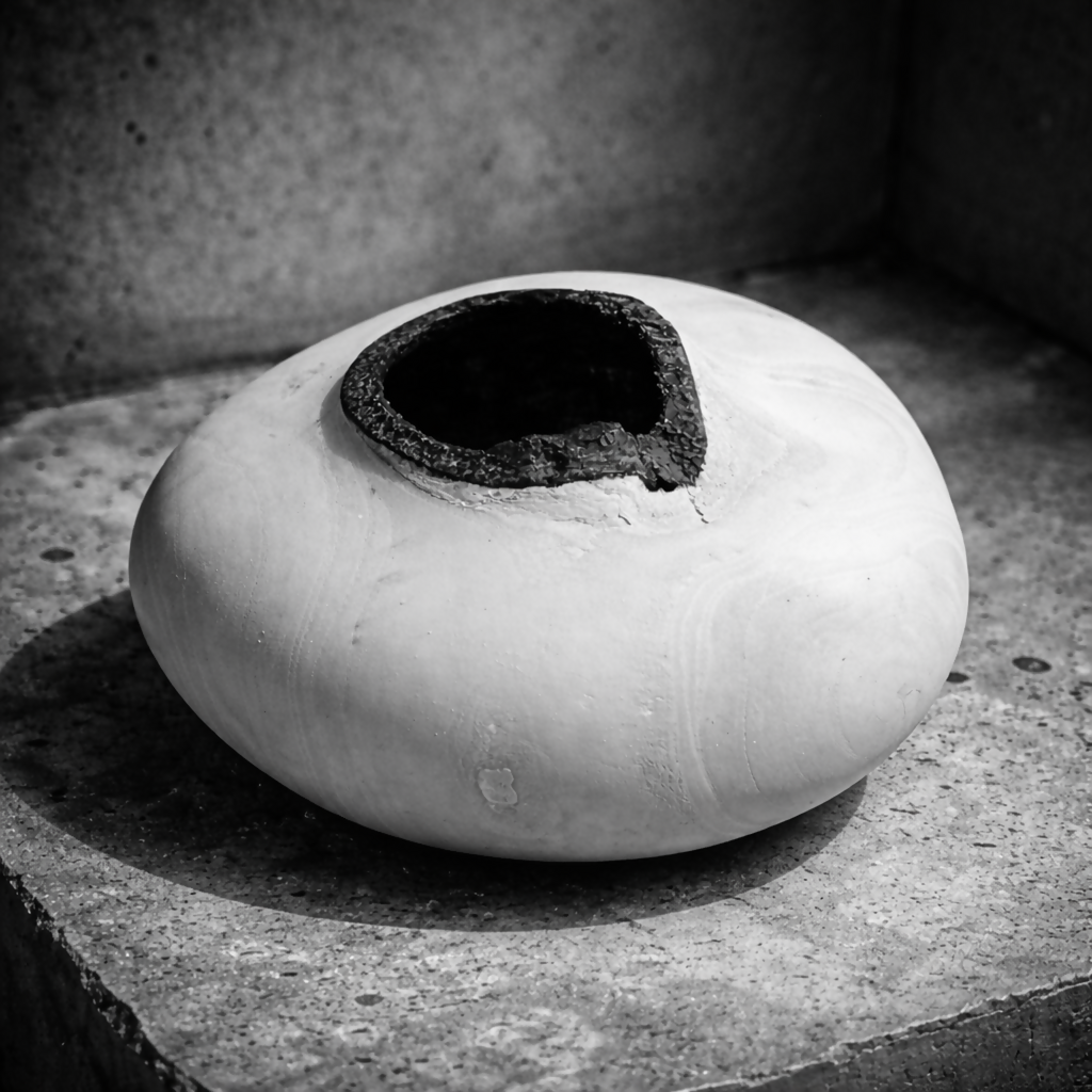 Vase céramique blanche au sommet évasé, ouverture noire bordée de matière brute.