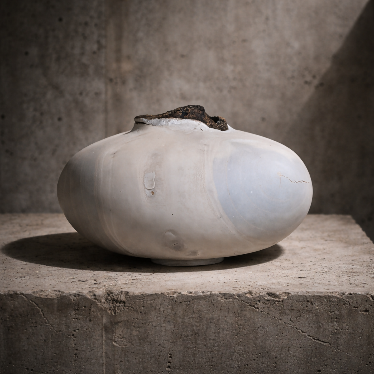 Vase céramique blanche ventrue avec ouverture sombre sur le haut, surface légèrement irrégulière.