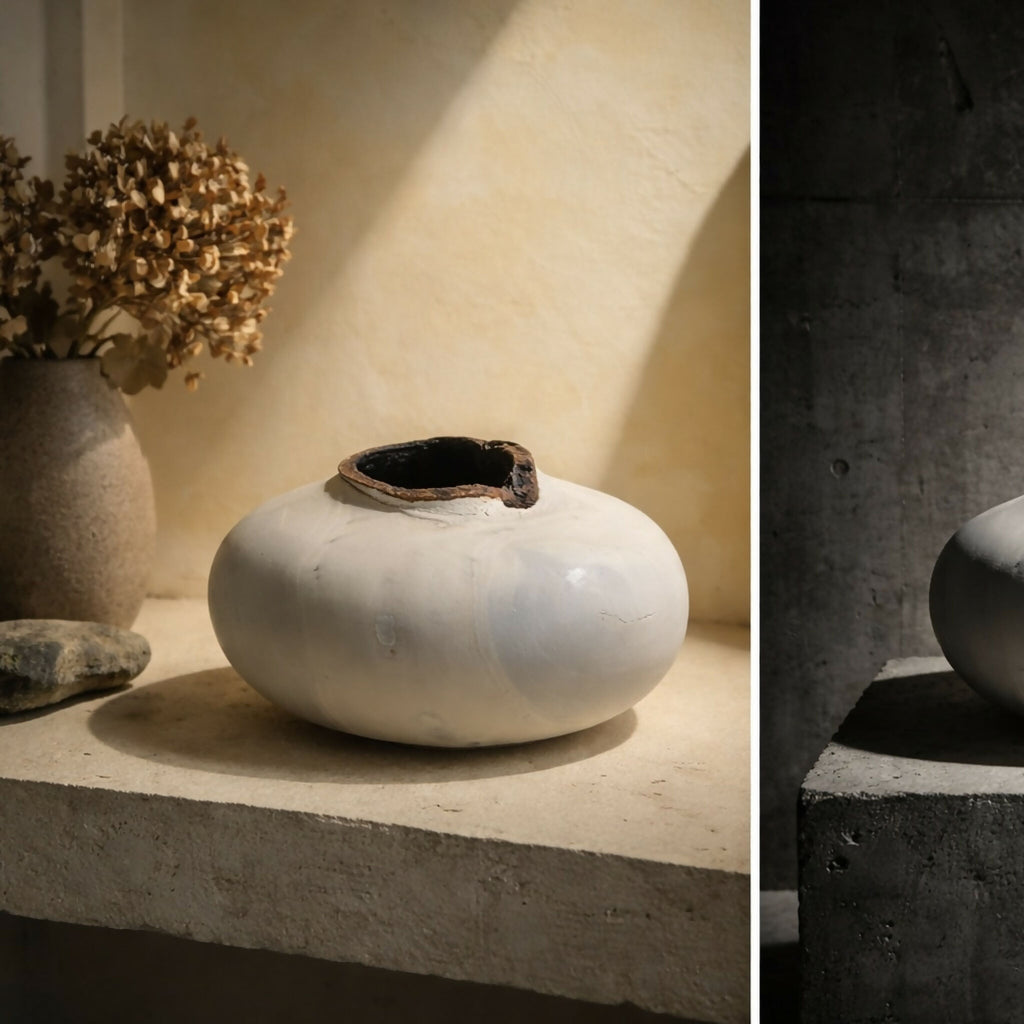 Vase céramique blanche arrondi avec petite ouverture noire sur le dessus.