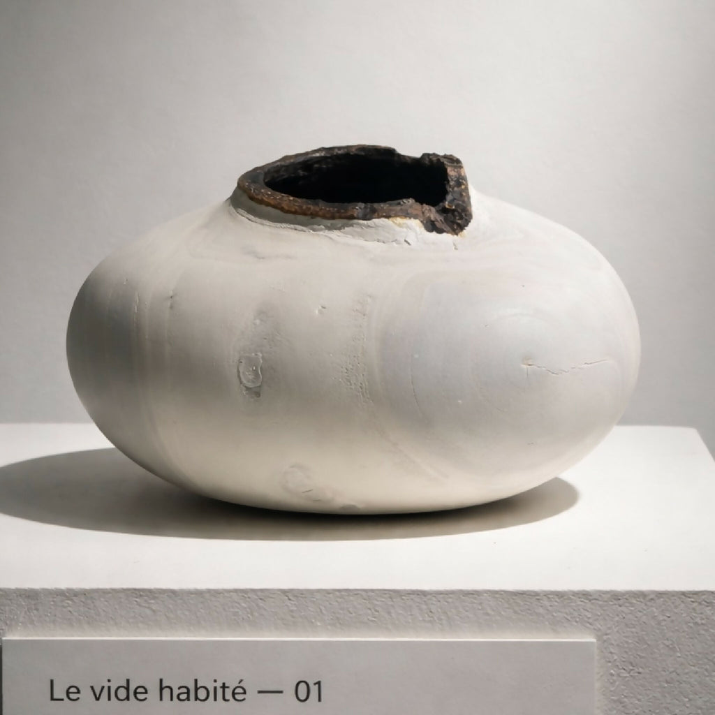 Vase céramique blanche à ouverture sombre, vue de face sur support.