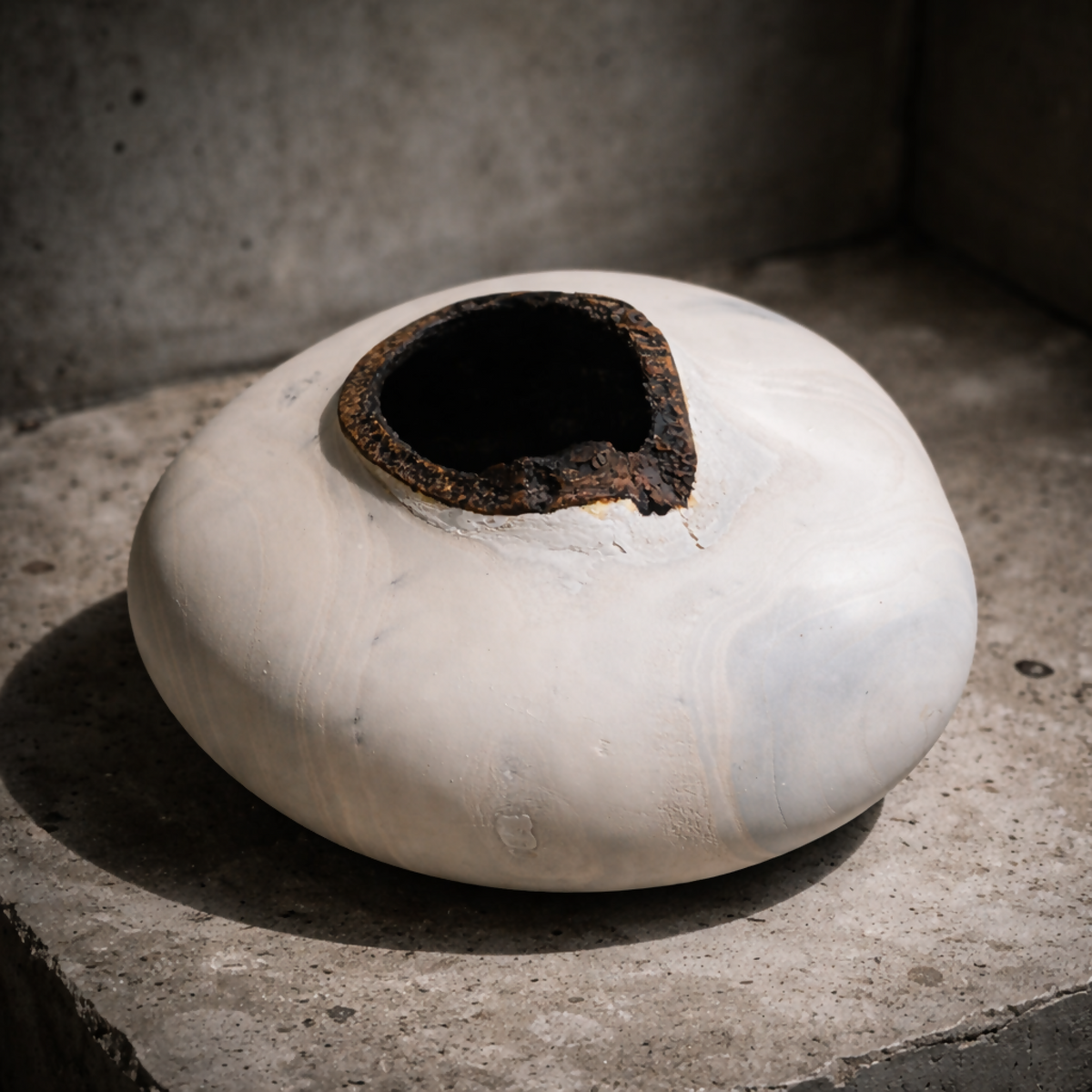 Vase céramique blanche au-dessus large, ouverture noire bordée de texture rustique.