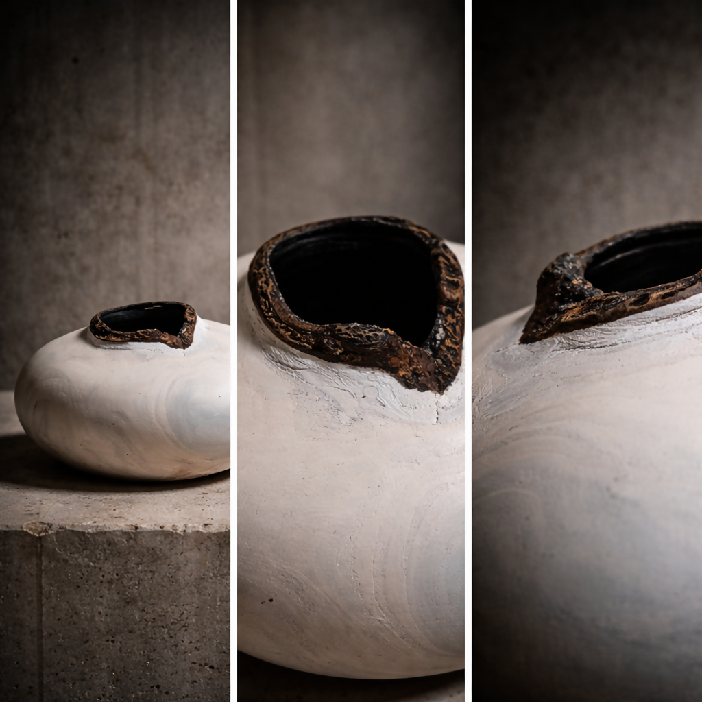 Ensemble de vues du vase : ouverture noire sur le dessus, bord brun rugueux.
