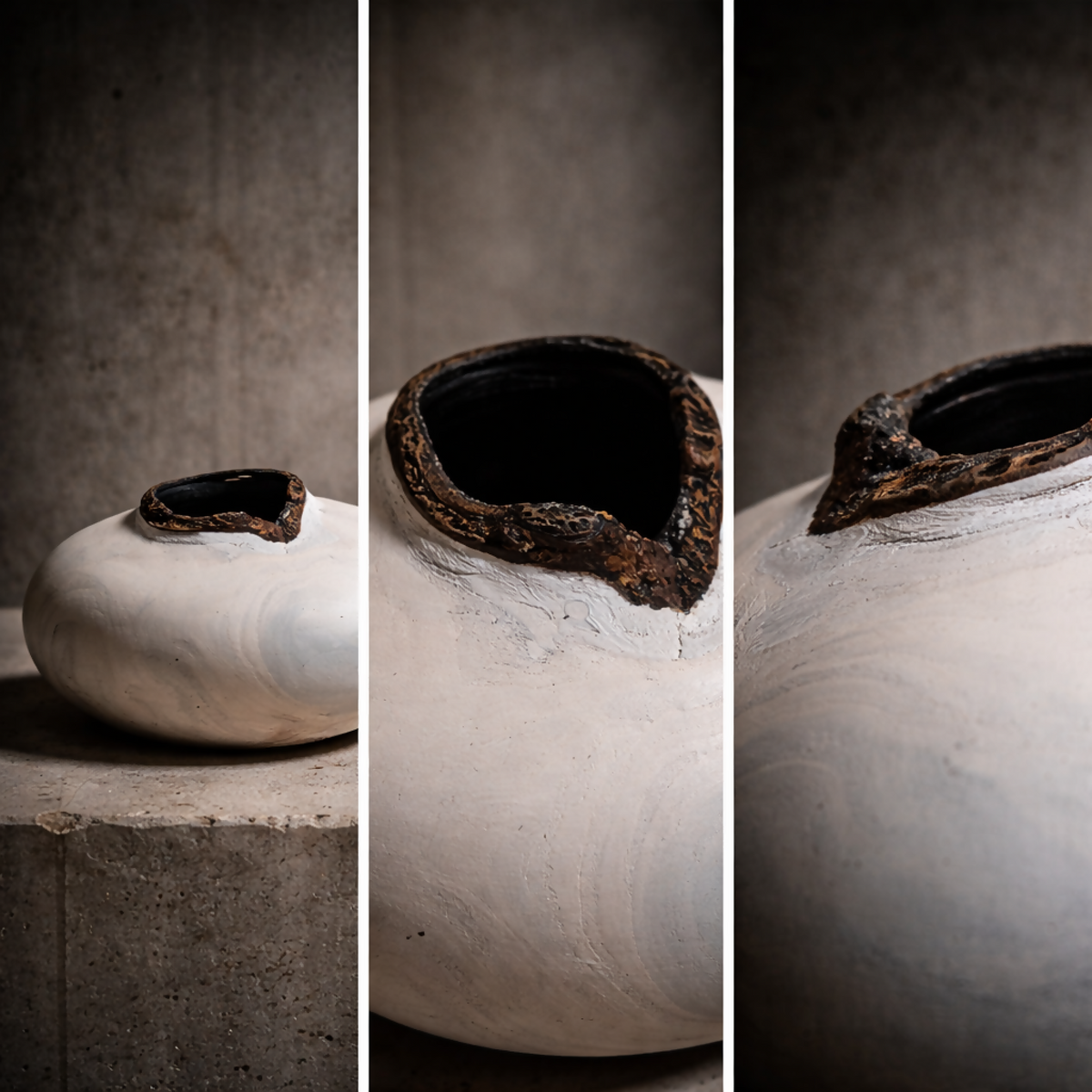 Ensemble de vues du vase : ouverture noire sur le dessus, bord brun rugueux.