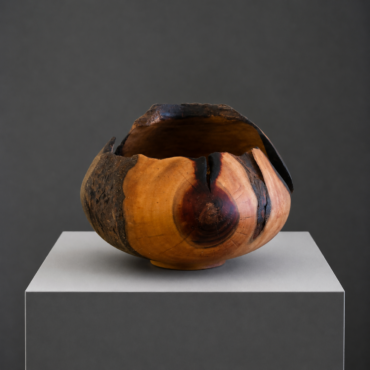 Bol décoratif en bois, vue frontale, base courbe et marquages noirs sur le bord.
