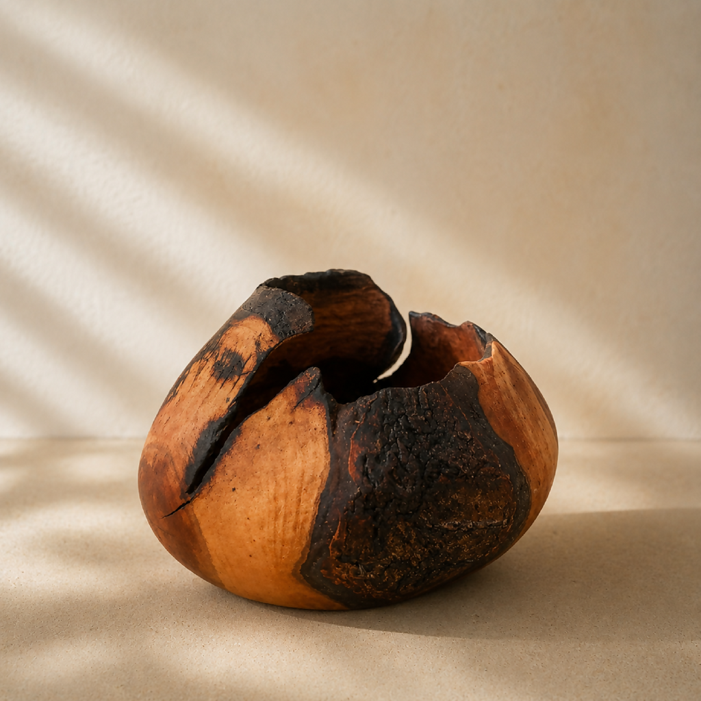 Bol décoratif en bois, teintes orange et brun, gros relief noir à l’intérieur.