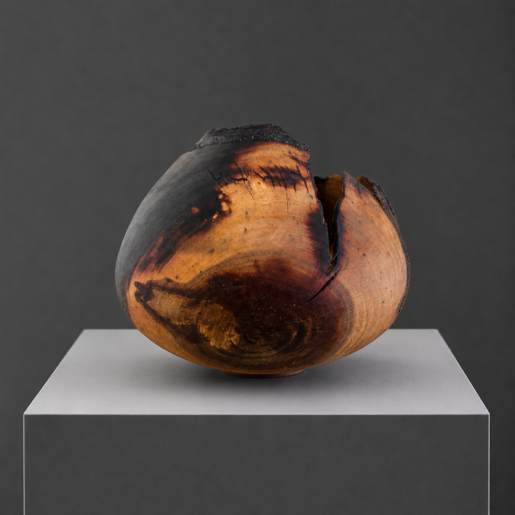 Bol décoratif en bois, vue de dessus, surface bleutée-grise et zones miel fumées.