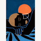 Impression artistique : personnage stylisé noir endormi, main au premier plan, soleil orange