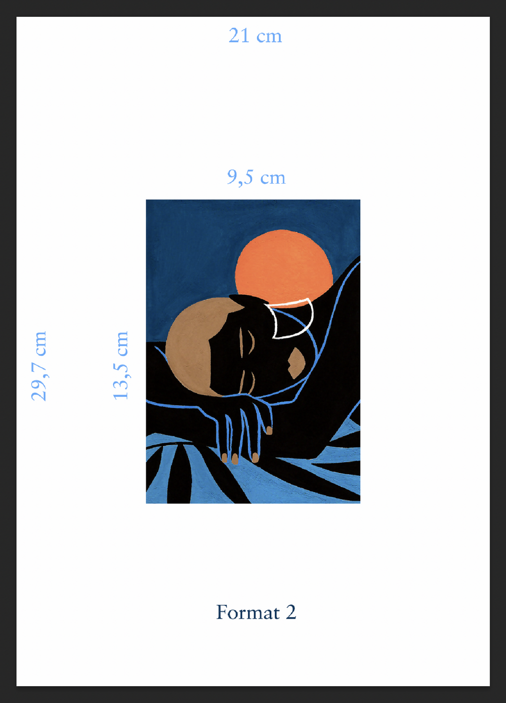 Tirage d’art encadré (format vertical) : personnage noir et soleil orange sur fond bleu